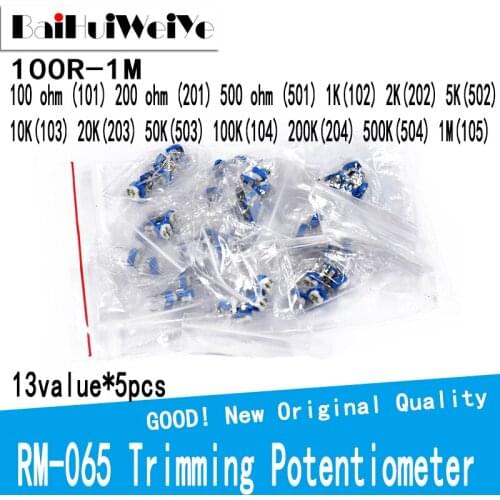65PCS/LOT RM065 Trimming Potentiometer 13values*5pcs 100R-1M RM065 Variable Resistors Assorted Kit 100R 200R 1K 10K 500k set