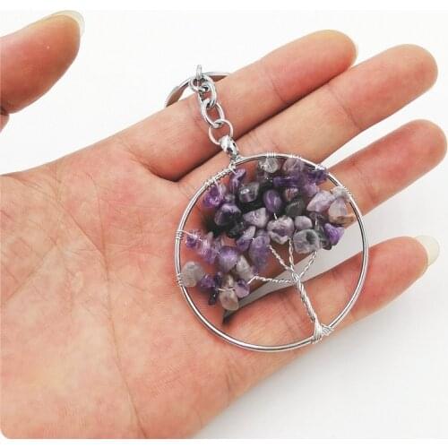 Natural Crystal Stone 7 Chakra Round Tree of Life Pendant Handmade Keychains Key Ring Key Holder for Women Car Bags Accessories