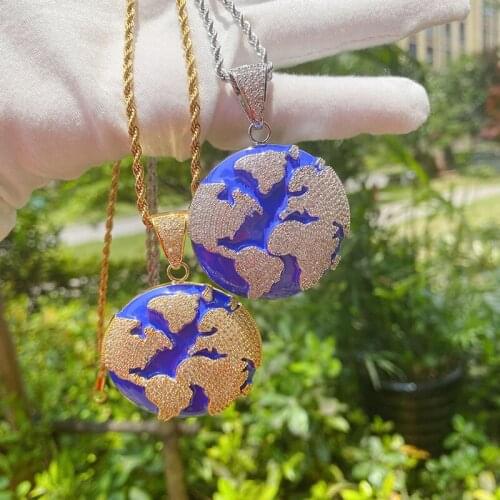 Fashion Environmental Protection Blue Earth Pendant Bling Cubic Zircon Necklace for Men Women Hip Hop Jewelry Gifts Collar