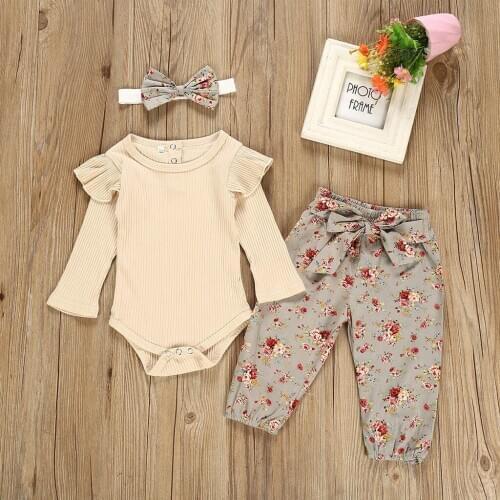 Baby Clothes Baby Girl Clothes Infant Baby Girls Ruffles Solid Romper Bodysuit+Floral Pants+Headband Outfits детские вещи