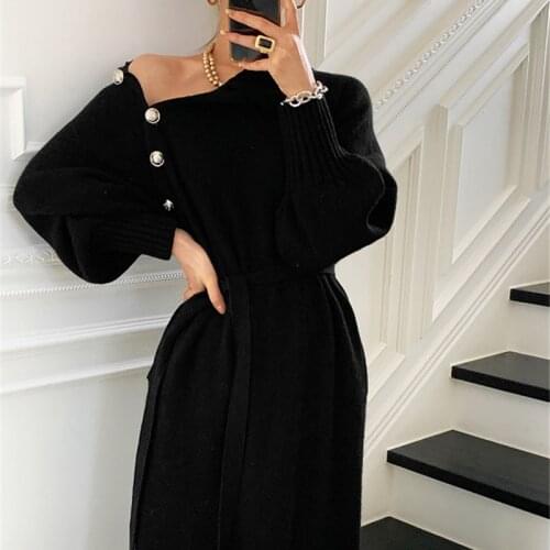 Designer Black Knitwear Sweater Dress Women 2021 Pollover Thick Knitted Woman Korean Warm Winter Jumper Dresses Casual Solid New