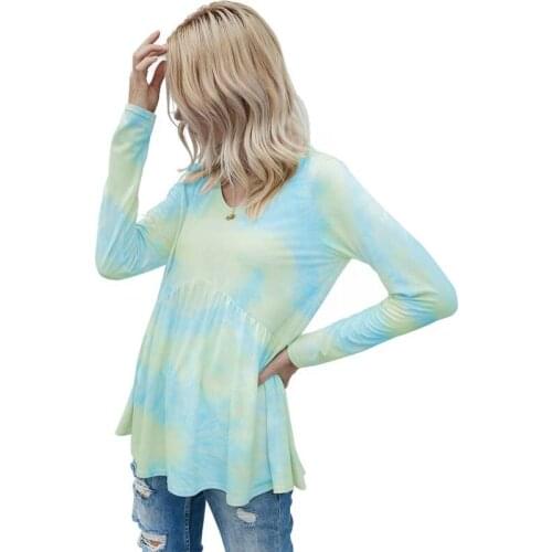 Harajuku Tie Dye Pullover T-shirt Women Fashion Long Sleeve Waist Folds Plus Size Female Casual Loose Streetwear Tops Tee Shirt