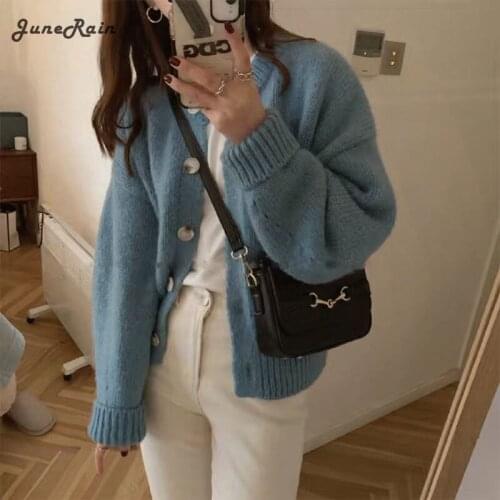 JuneRain 2021 Autumn Korean Fashion Chic Single-breasted Sweater Coat Vintage Knitted High Street Women Winter Loose Cardigan