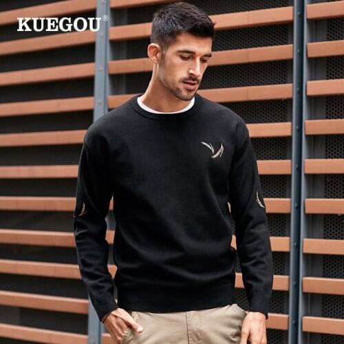 KUEGOU 2020 Autumn Embroidery Plain Black Plant Sweater Men Pullover Casual Jumper For Male Wear Brand Knitted Clothes 9166