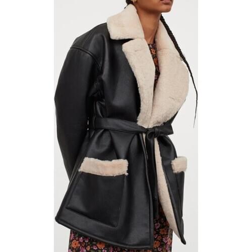 Pu Leather Jacket Women Faux Fur Lamb Wool Plush Cashmere Coat Blazers Belt Female Trench Fleece Parka Winter Thick Warm Outwear