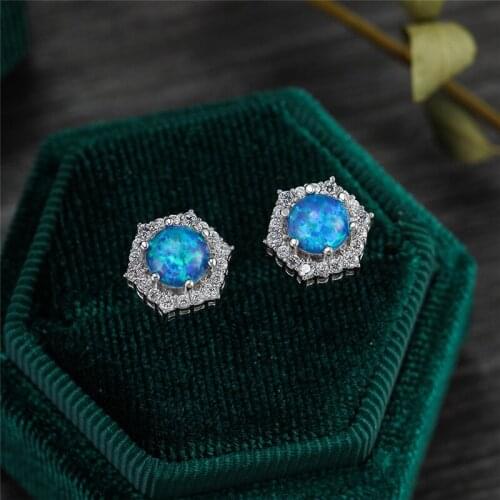 Cute Female White Crystal Snowflake Earrings Silver Color Stud Earrings For Women Vintage Green Blue Fire Opal Wedding Earrings
