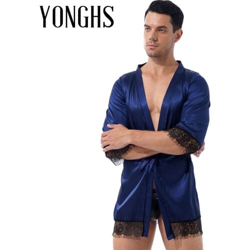 MensLong Sleeve Satin Open Front Bathrobe Sleepwear Lace Trim Belted Kimono Night-robe Sissy Nightwear Male Homewear Loungewear