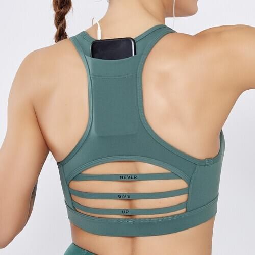 New Back Pocket Sports Bra Shockproof Horizontal Stripe Mesh Splicing Sports Underwear Yoga Suit WorkoutTops for Women