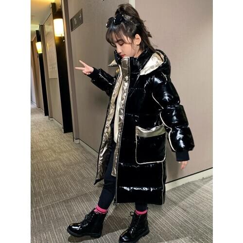 4-12 Years Old Kids Girls Winter Coat Waterproof Breathable Glossy Outwear Jackets Snow Wear Big Pocket Hooded Children Parkas
