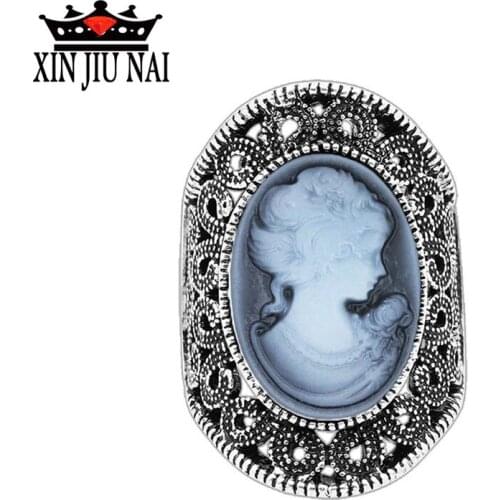 Oval Lady Queen Cameo/Victoria Rings For Women Vintage Hollow Flower Rings Antique Silver Cocktail Party Fashion Jewelry