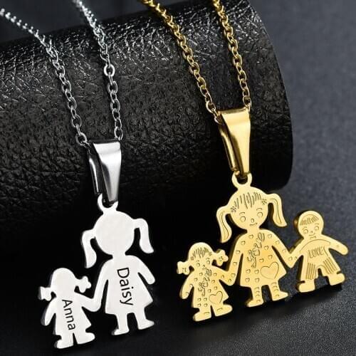 Auxauxme Customized Family Heart Necklace Stainless Steel Engrave Name Date Women Necklace for Kids Mom Unique Birthday Gifts