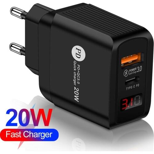 PD 20W USB QC3.0 Phone Charger Adapter LED Display PD Type-C For IPhone 12 iPAD Huawei Xiaomi Samsung Quick Charger USB Adapter