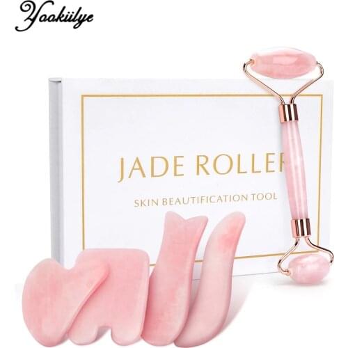 Rose Quartz Roller Slimming Face Massager Lifting Tool Natural Jade Facial Roller Skin Beauty Care Set for Birthday Gift No Box