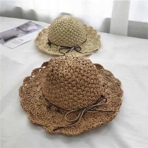 All-match foldable childrens hand-knitted crochet straw hat summer sunscreen beach vacation fisherman sunbath