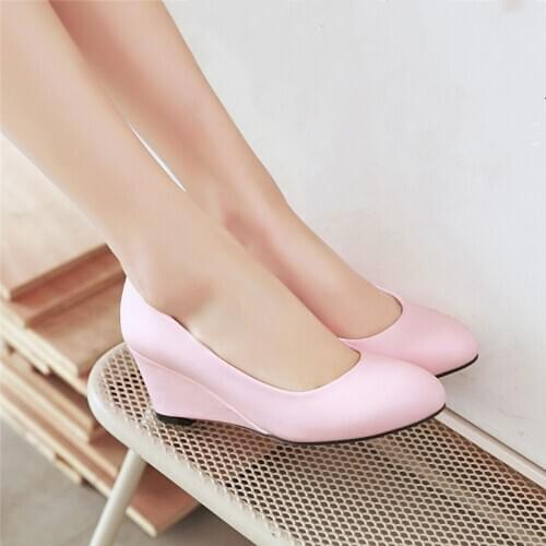 YQBTDL Sweet Cute Pink Sky Blue White Black Daily Party High Heels Shoes Wedge Shoes Plus Size Shallow Womens Wedges Pumps 2020
