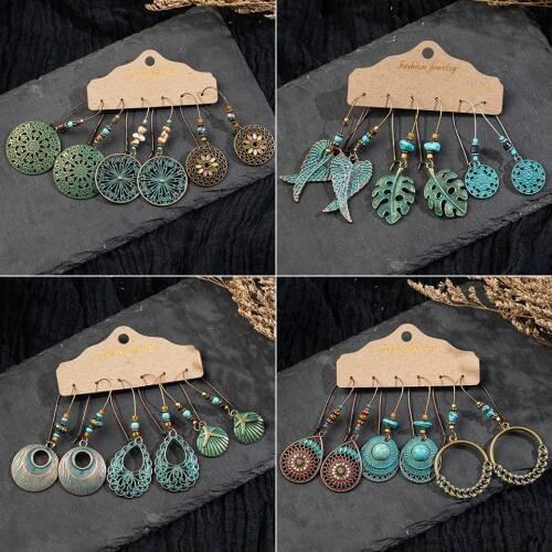 Vintage Big Flower Leaf Earring Set Female Statement Jewelry Ethnic Bohemia Long Bronze Handing Dangling Drop Earrings for Women