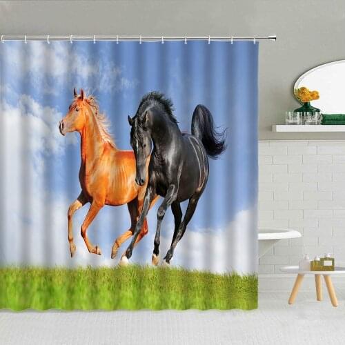 Wild Animal Shower Curtain Hand Drawn Running Horse Watercolor Polyester Fabric Bathroom Supplies With Hooks Home Decor Washable