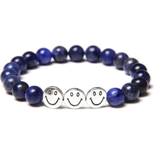 Natural Stone Smiley Bracelets For Women Men Silver Color Smiling Face Charm Bracelet 8/10MM Beaded Bangles Exquisite Jewelry