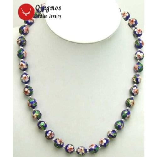 Qingmos Blue Cloisonne Choker Necklace for Women with 12mm Blue Round Cloisonne & White Flower 20" Necklace Fine Newelry-5381