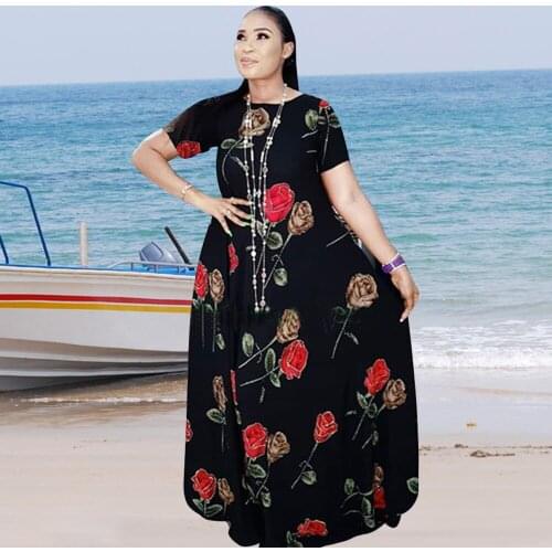 Backless Sexy Africa Clothes Summer Short Sleeve Vintage Maxi Dress Rose Print Ankara Fashion Daily Dresses For Women 2021