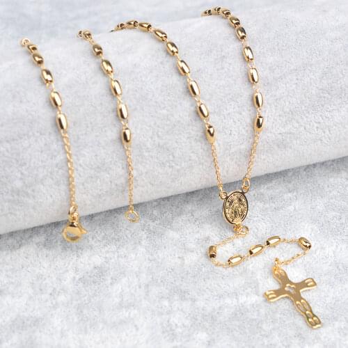 Women Golden Stainless Steel Catholic Rosary Necklace Oval Beads Cross Rosaries