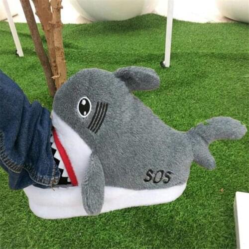 Winter Couple Indoor Fluffy Plush Cotton Slippers Cartoon Crocodile Shark Women House Bedroom Shoes Female Cute Warm Flat Shoes