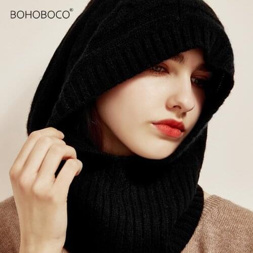 Casual Hooded Winter Cashmere Knitted Hooded Collar Hat Men&Women Warm Thick cashmere Neck warm Solid Color Head Cap