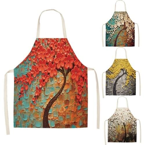 1 Pcs Tree Flower Printed Cotton Linen Sleeveless Aprons Home Cleaning Kitchen Cooking Baking Apron For Women Men