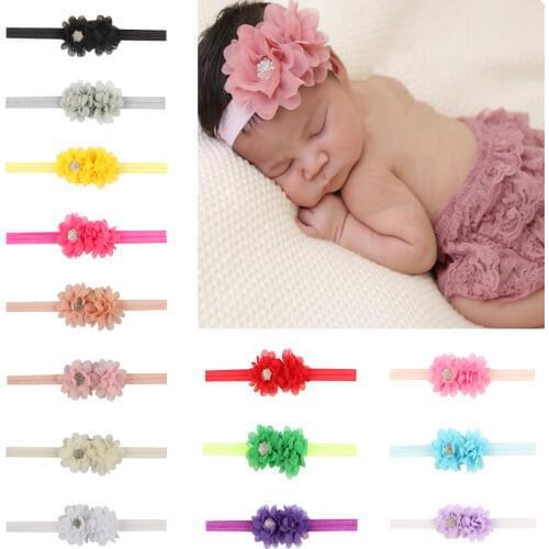 10pcs 2018 Bebe Rhinestone Floral Hair Band Double Chiffon Flower Head Wrap Turban Headband For Kids Children Hair Accessories