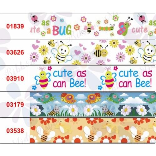 16mm-75mm Cartoon Bee Series Flower Heart Star Printed Grosgrain/Foe Ribbon DIY Party Decor Hair Bowknots 50yards/roll
