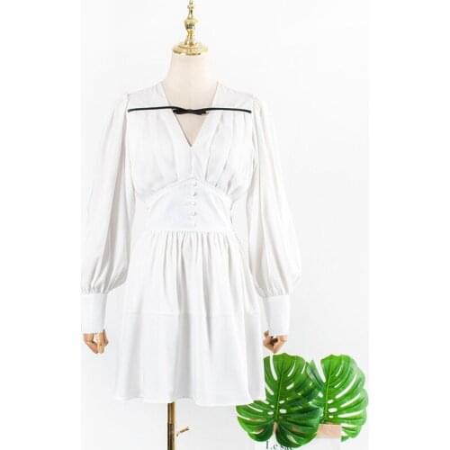 2020 Sexy V Neck Spring Summer Dress Women White Lace Long Sleeve Mini Party Dress Elegant Dresses Fashion Design Clothing YQ461