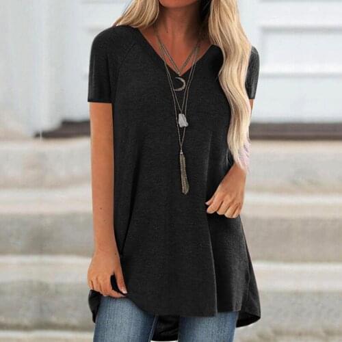 5XL Long Womens T-shirt Loose V-neck Pullover Short Sleeve Tees Woman Casual 5-color Tops for Women Summer Clothing