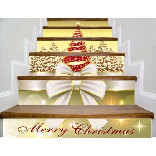 6pcs/set 18cm x 100cm White Butterfly Knot and Red Christmas Tree Merry Christmas Stairs Sticker Wallpaper LTT049