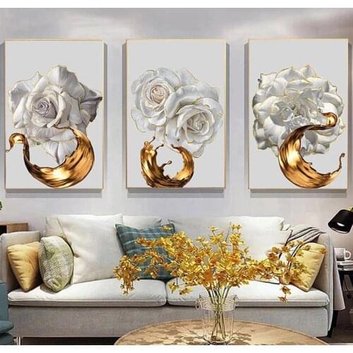 White Rose Flower Golden Ink Splash Abstract Poster Nordic Art Plant Canvas Painting Modern Wall Picture for Living Room Decor
