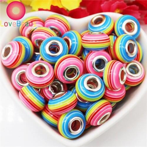 10Pcs New Color Rainbow Spacer Beads Murano Charms with Silver Plated Cores for European Snake Chain Jewelry Pandora Bracelet