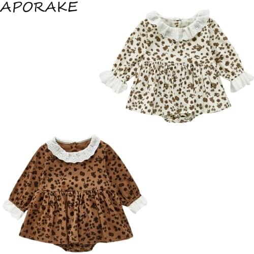 2021 3-24M Fashion Baby Girl Romper Dress Spring Fall Leopard Print Lace Round Neck Flare Long Sleeve Playsuit Outfit
