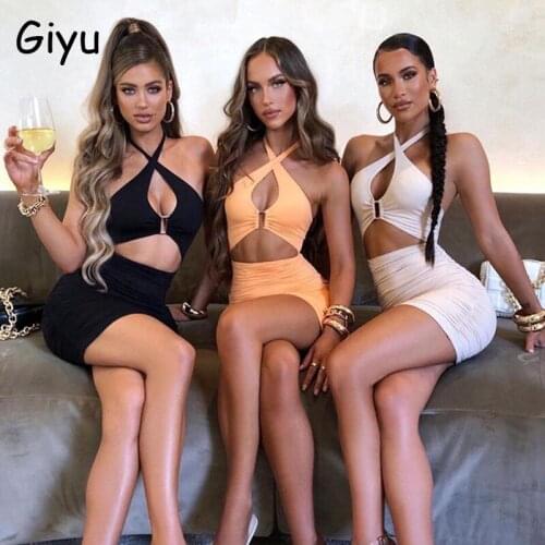 Giyu Cub Party Summer Dress Women 2021 Sexy Bodycon Backless Vestidos Casual Hollow Out Ruched Robe Halter Female Mini Dresses
