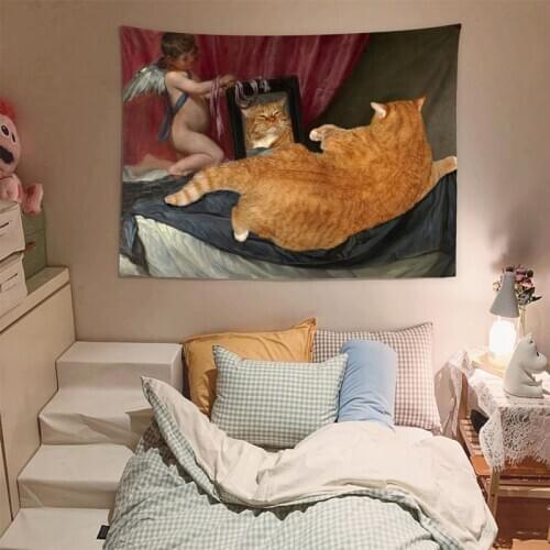 Cutelife Nordic Ins Oil Painting Cat Wall Hanging Cloth Tapestry Carpet Vintage Abstract Tapestry Rug Living Room Decor Tapestry