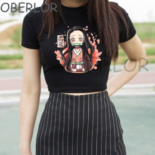 Kawaii Nezuko women T Shirts Japanese Anime Kimetsu No Yaiba Graphic Tees Demon Slayer Crop top Funny Tshirt manga Tops