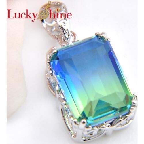 Luckyshine Green rectangle BI-COLORED Tourmaline Crystal Zirconia 10*14 mm Vintage Silver Women Fashion Pendant +Chain
