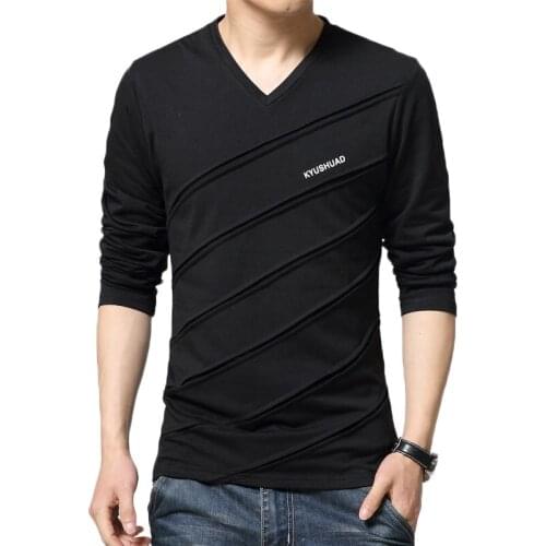 2019 Mens T Shirt Spring Autumn Mens Long Sleeve V-Neck T-shirt Casual Solid Cotton Tee Tops Mens Slim Fit Tshirt Drop Shipping