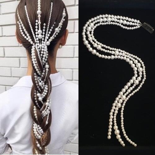 StonFans New Types Pearl Wedding Long Hair Chain Accessories For Women Tassel Chain Headband Hair Clip Decoration Hair Jewelry