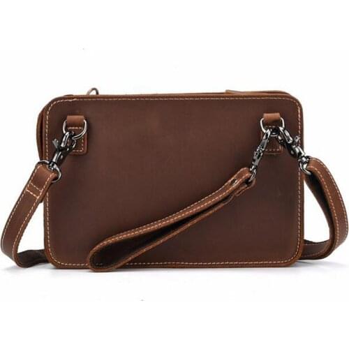 New Men Crazy Horse Cowhide Clutch Bag Vintage Messenger Shoulder Cross Body Travel Portable Wrist Hand Bag Leather Bag