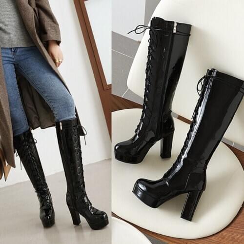 Autumn Winter new style fashion High heels Knee-length boots Thick heel Lace locomotive Womens boots plus size 34-47 high 10cm
