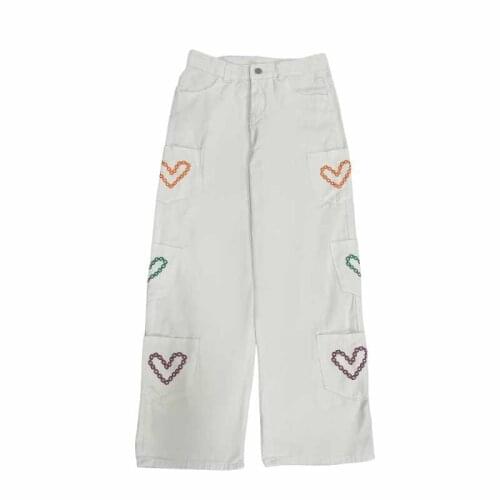 Harajuku Autumn Trousers Japanese Sex Heart Print College Retro Washed Jeans Womens Street Wild Hip-Hop Pants Bottoms