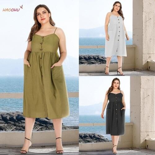 HAOOHU Dress Single-Breasted JR2028 Strap Dress New Casual Cardigan Midi Clothes plus Summer 2021 Womens Size