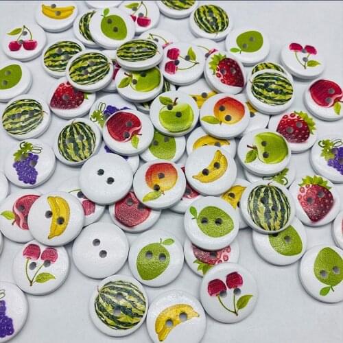100pcs 15mm White Base Wood Mixed Fruits Buttons Sewing 2 Holes Round Decorative DIY Crafts Embellishments