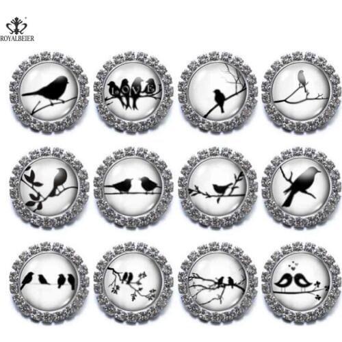 ROYALBEIER 12pcs/lot Mix Black Love Birds Round Copper Base Faceted Glass Bead Rhinestone Snap Bracelets Women Jewelry Wholesale