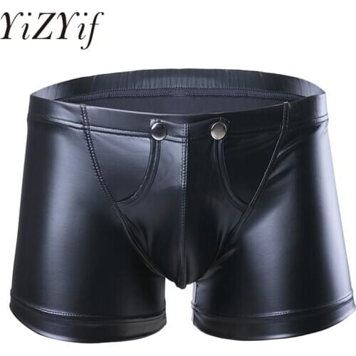 Sexy Men Lingerie Faux Leather Shorts Underpants Underwear Press Button with Bulge Pouch Hombre Underwear Nightwear Clubwear