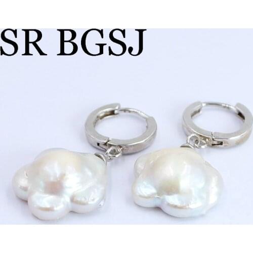 Free Ship 16-17mm White Baroque Edsion Freshwater Pearl Women Wedding Jewelry Dangle Earrings